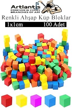 Renkli Ahşap Küp Bloklar 1x1x1cm 100 Adet Ahşap Renkli Kare Blok Eğitici Geliştirici Oyuncak Küp Matematik Birim Küpleri