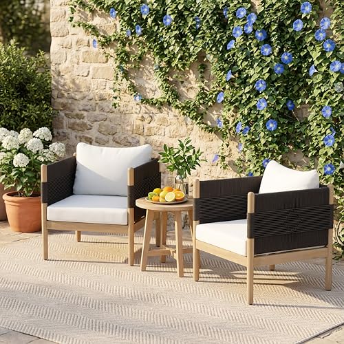 Christopher Knight Home Lenor Acacia Wood Lounge Chair Outdoor Set of 2 with Removable Cushion, Patio Accent Chair with Diamond Rope Weave, Patio Furniture Set Sofa Chair, Black+Cream+Light Teak by Christopher Knight Home - Used condition - US$424.94