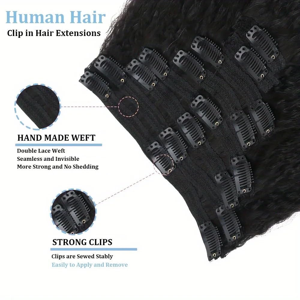 Przedłużanie włosów Przedłużki z włosów naturalnych Kinky Straight Clip In, 8 szt./opakowanie, na całą głowę, dla czarnoskórych kobiet(16inches,240g)