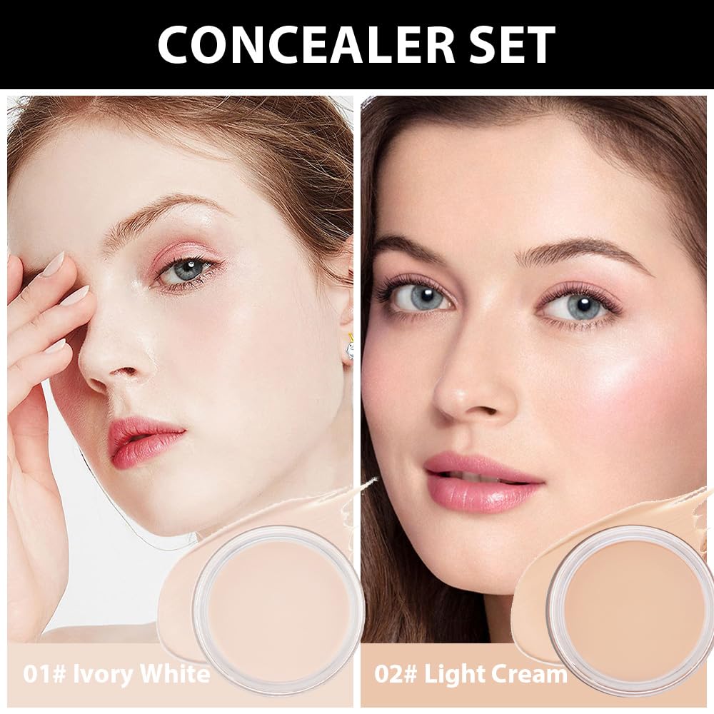 Kaely 2Pcs Pot Concealer Full Coverage Set, Under Eye Brightener Color Correcting Concealer for Dark Circles, Waterproof Foundation Face Makeup Brush Kit, Eye Ring Corrector de ojeras, 01+02 0.21 Ounce (Pack of 2) A-2Pcs-01+02 image 2 of 6 B0CXTCLWMH