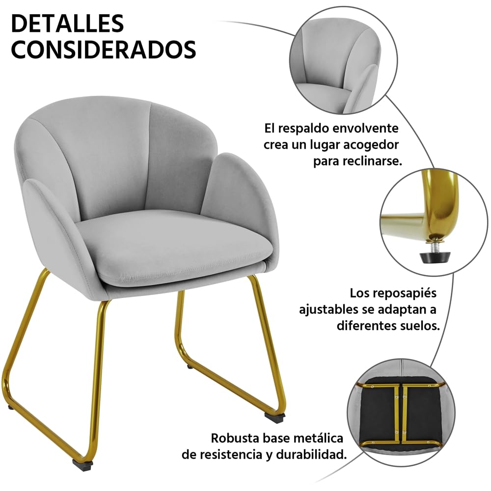 Yaheetech Silla de Comedor Moderno Tapizada Terciopelo con Apoyabrazos y Respaldo Ergonómico Gris