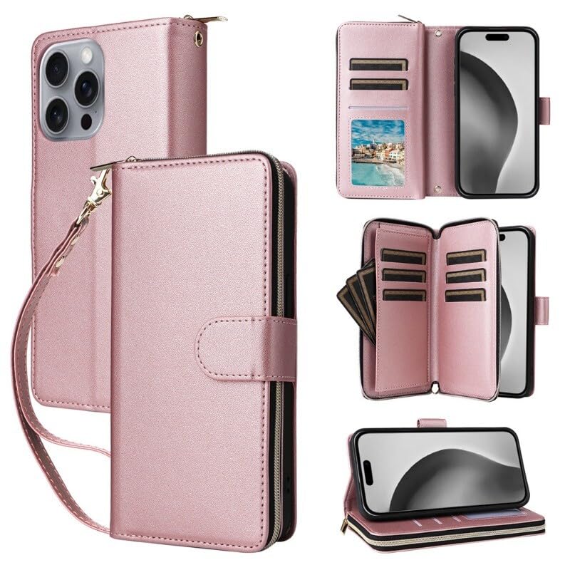 Housse cuir iPhone 14 or rose chic avec clapet aimanté haut de gamme