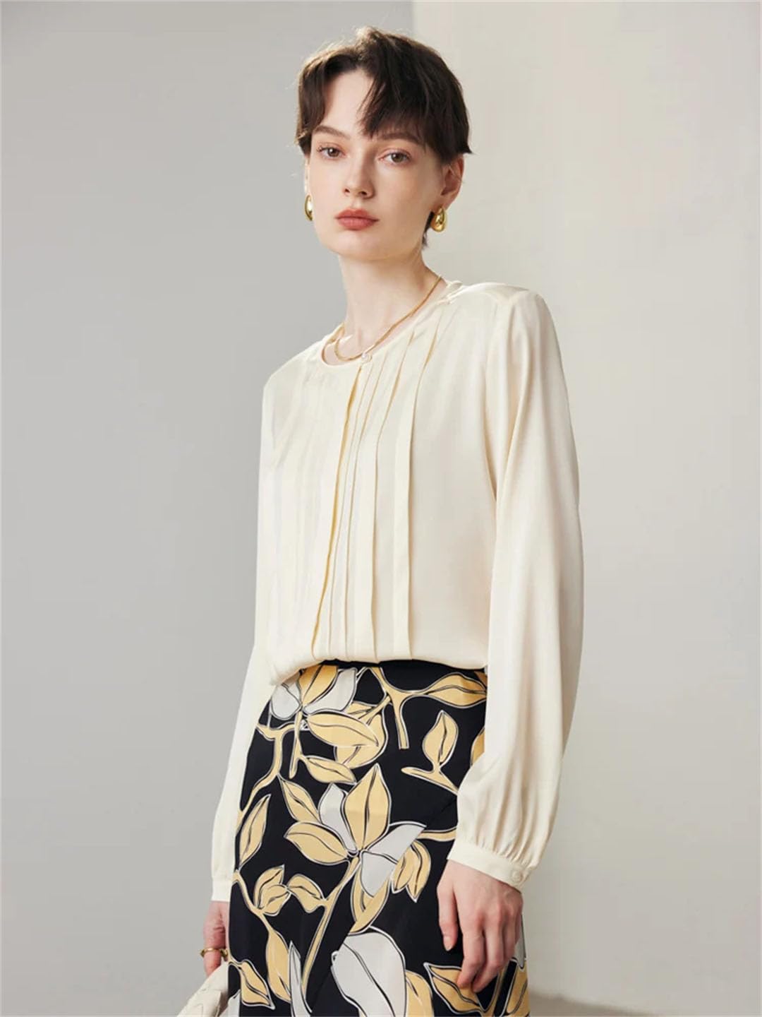 Camisas de seda satinada para mujer, cuello redondo, blusas elegantes para oficina