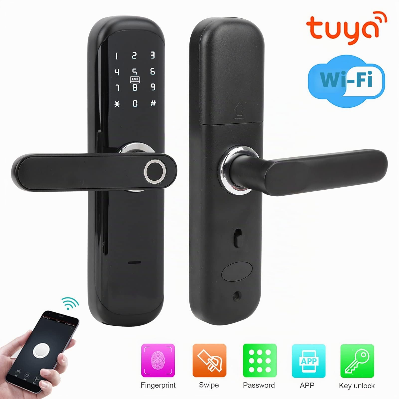 Serrure Empreinte Digitale Serrure Electronique Porte Entree avec Poignée Levier Clavier à écran Tactile Mot de Passe Code Serrure de Porte Intelligente Serrure Biometrique avec Clé, Télécommande APP