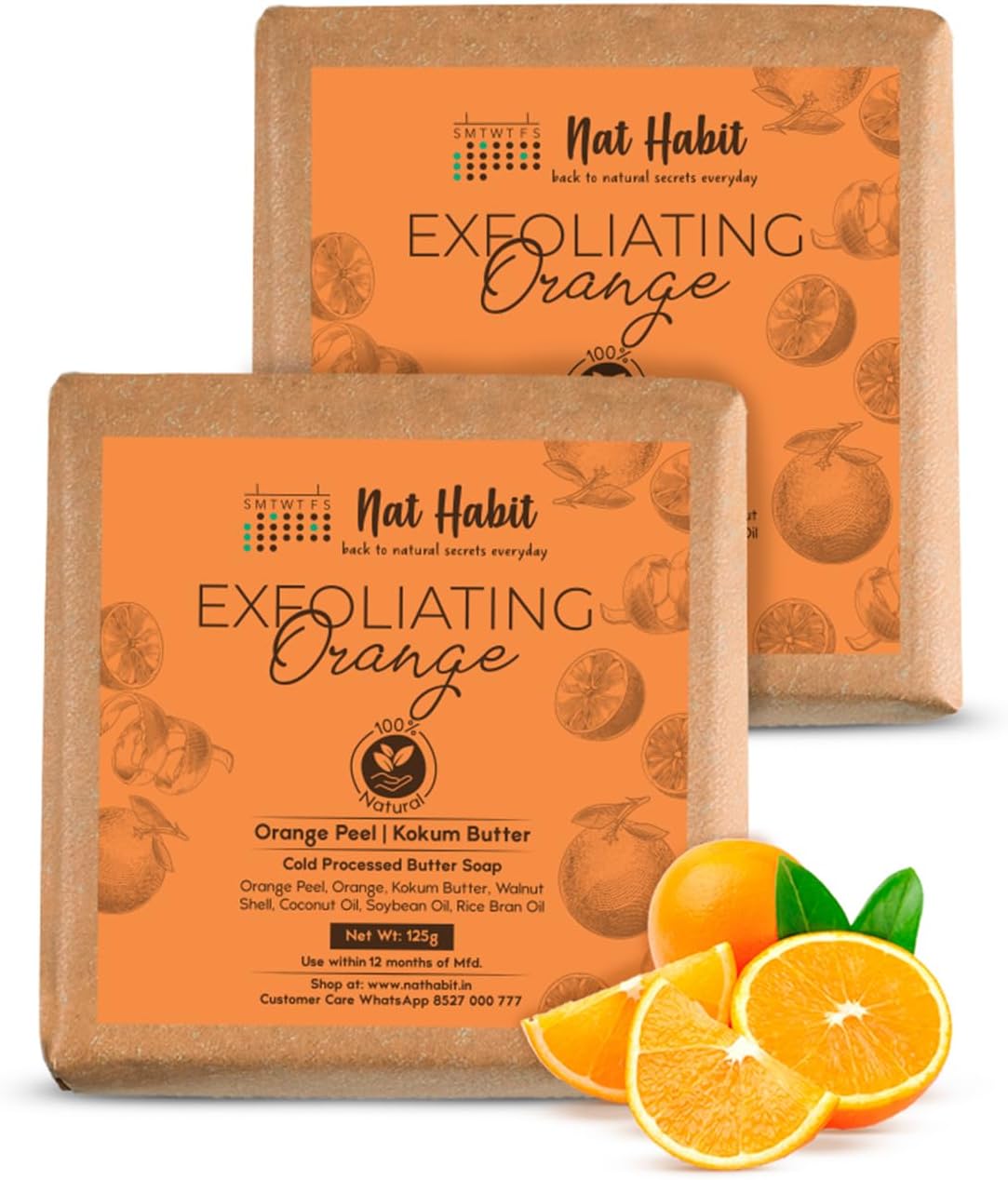 Orange Kokum Butter Bath Soap for Women & Men | Cold Processed With Vit C for Body Acne, Pimple & Oil Control | Improve Skin Tone & Boost Collagen Production| Gentle Exfoliation| 125g X 2