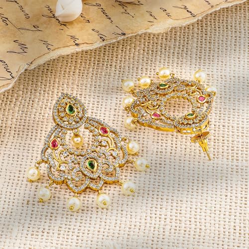 Image of Rubans Chandbali Earrings Gold Plated Traditional Pearl Detailed Jewellery Gift for Women & Girls