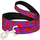 Buckle-Down Pet Leash - Broken Hearts & Roses w/Fuchsia Plaid - 4 Feet Long - 1/2" Wide