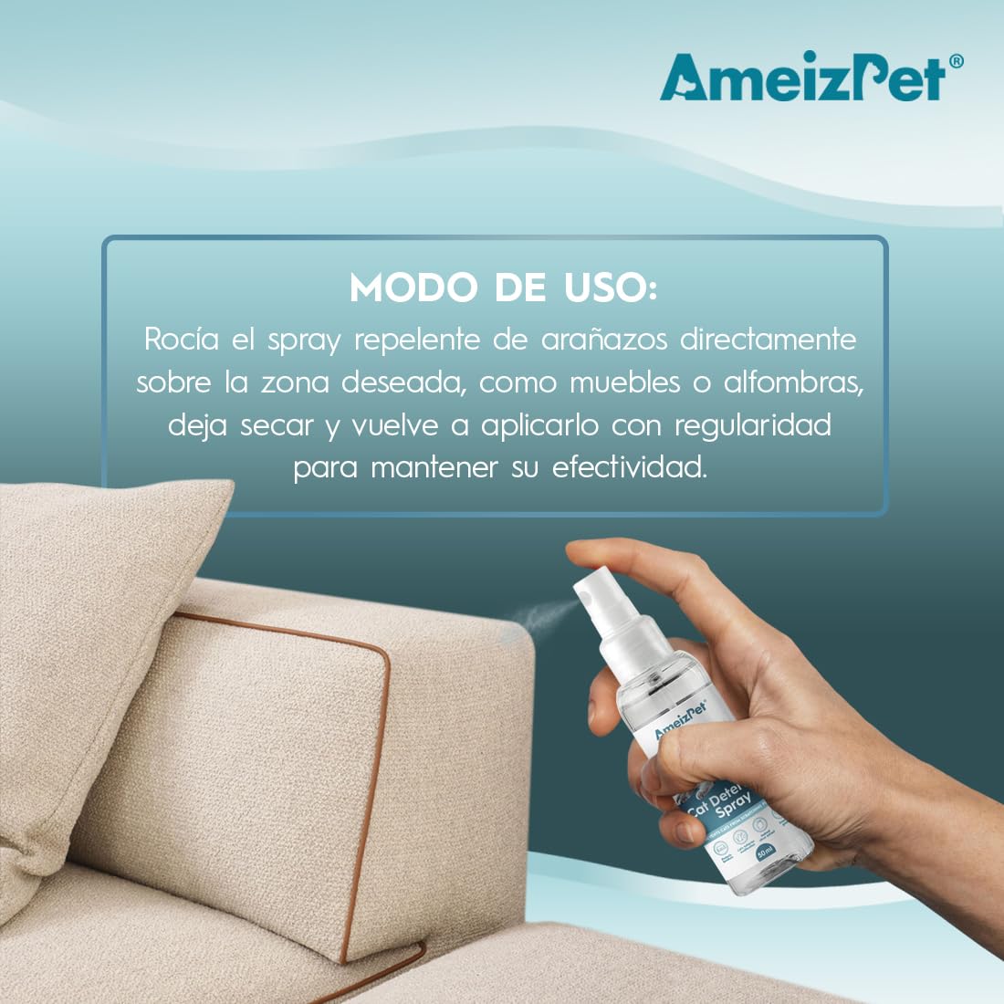 AmeizPet Spray Antiarañazos Gatos, Evita Que Los Gatos Arañen Muebles, Alfombras, Cortinas y Plantas, Ahuyentador de Gatos y Gatitos Exterior e Interior, 50 ml (1.69 Oz)