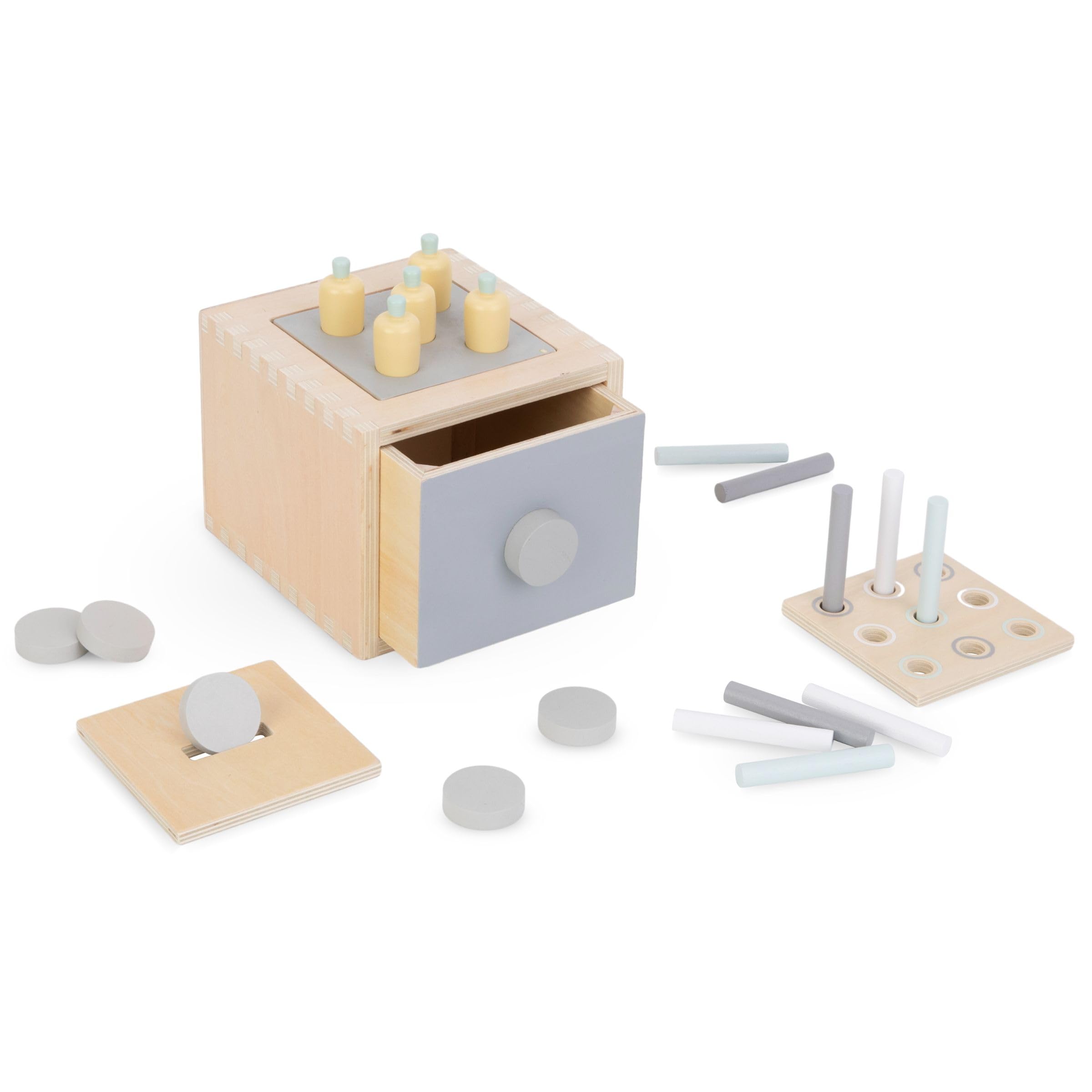 mamabrum Scatola Educativa Montessori 6 in 1 per Bambini 12 Mesi+ - Giocattolo Creativo con Martello, Puzzle, Libro, Cassetto, Piramide e Forme