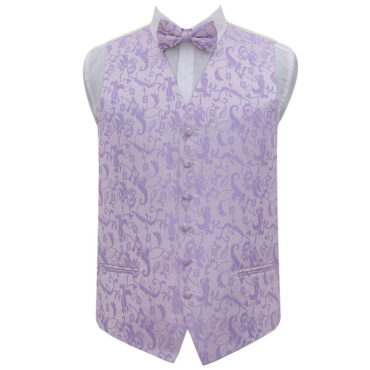 Dqt Men's Lilac Passion Floral Jacquard Wedding Waistcoat Set With Bow Tie, Pocket Square & Cufflinks – Formal Suit Vest - 36" (S)