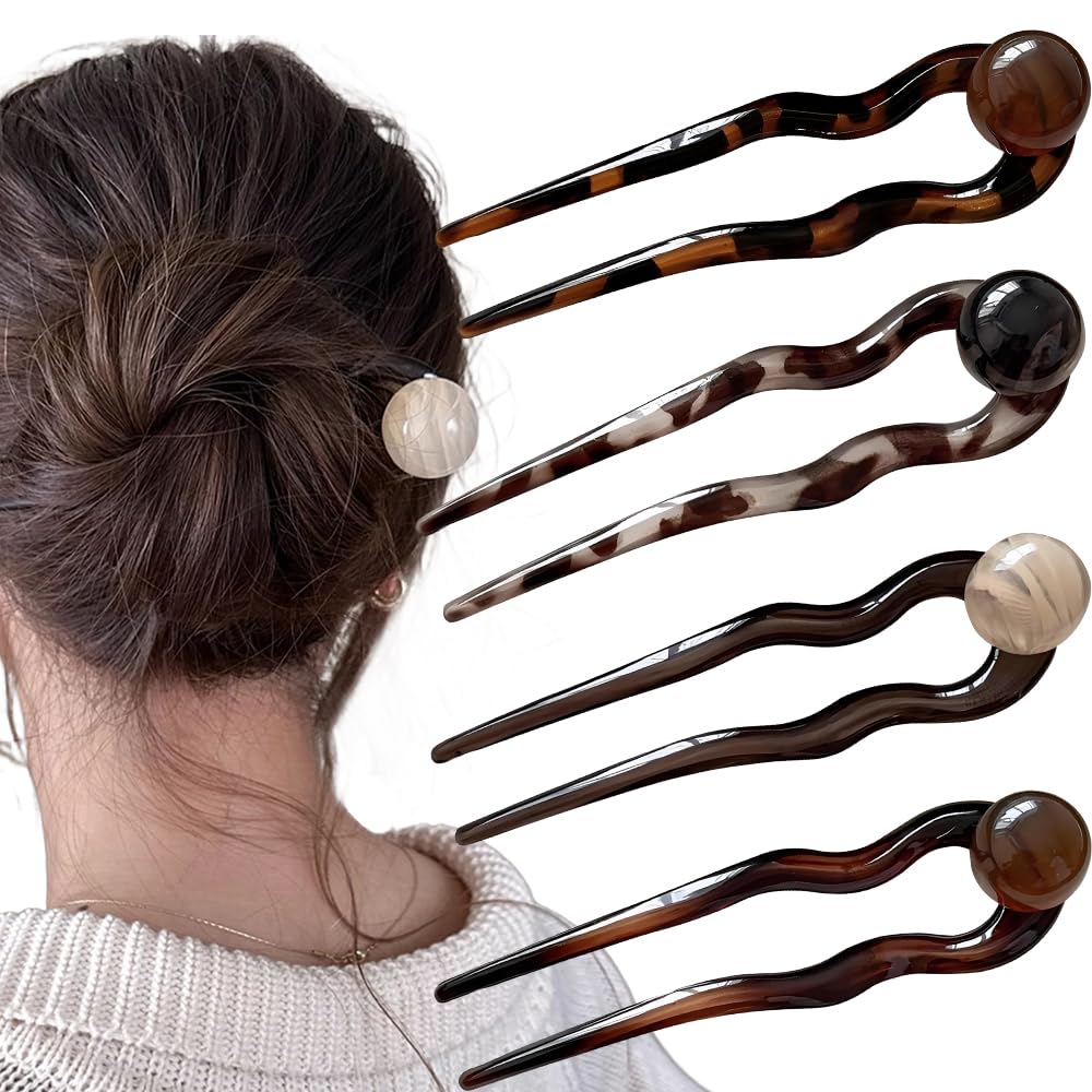 4Pcs French Hair Forks Hair Fork Plastic U Shaped Acetate Hair Pins for Buns French Hairpin U Shaped Hair Pin Hairpins Tortoise Shell French Hair Pin Large Wavy French Hair Pins Tortoise Shell 2 Prong