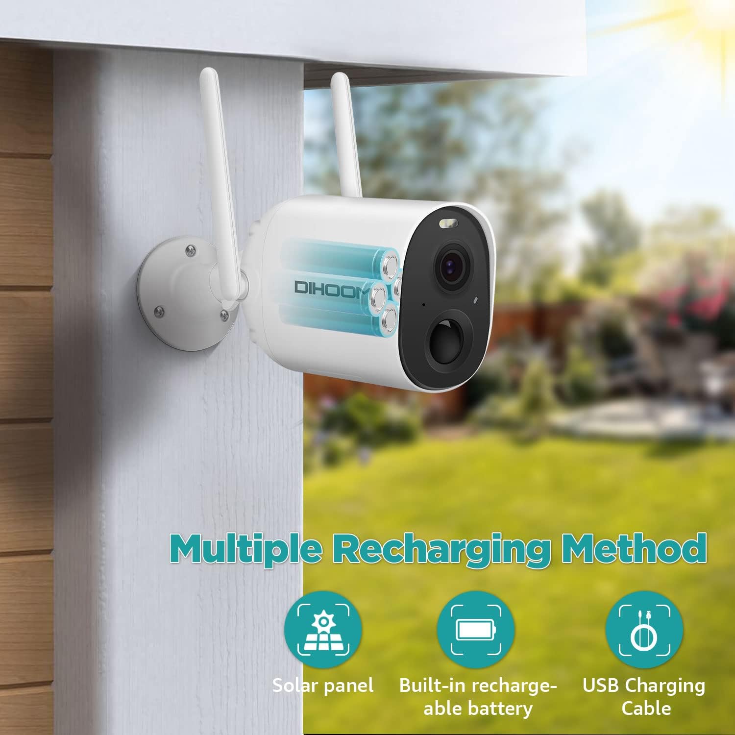 DIHOOM camera showing multiple recharging methods