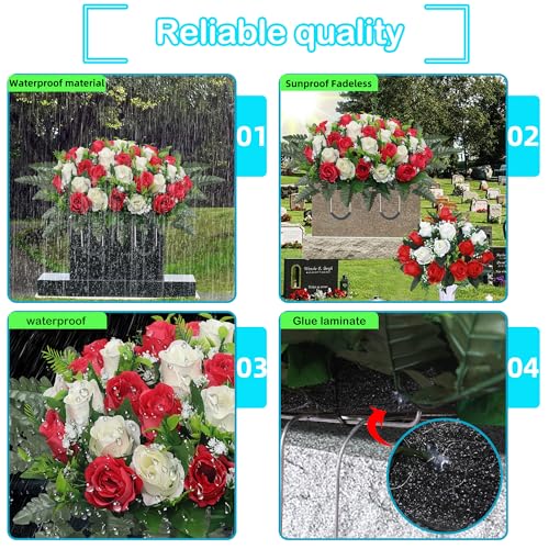 Artificial Cemetery Flower Saddles,Cemetery Memorial Flowers with Vase,Outdoor Grave Saddle Headstone Decorations, Artificial Rose Bouquet Grave Memorial Flowers 3Sets (Red) image 3