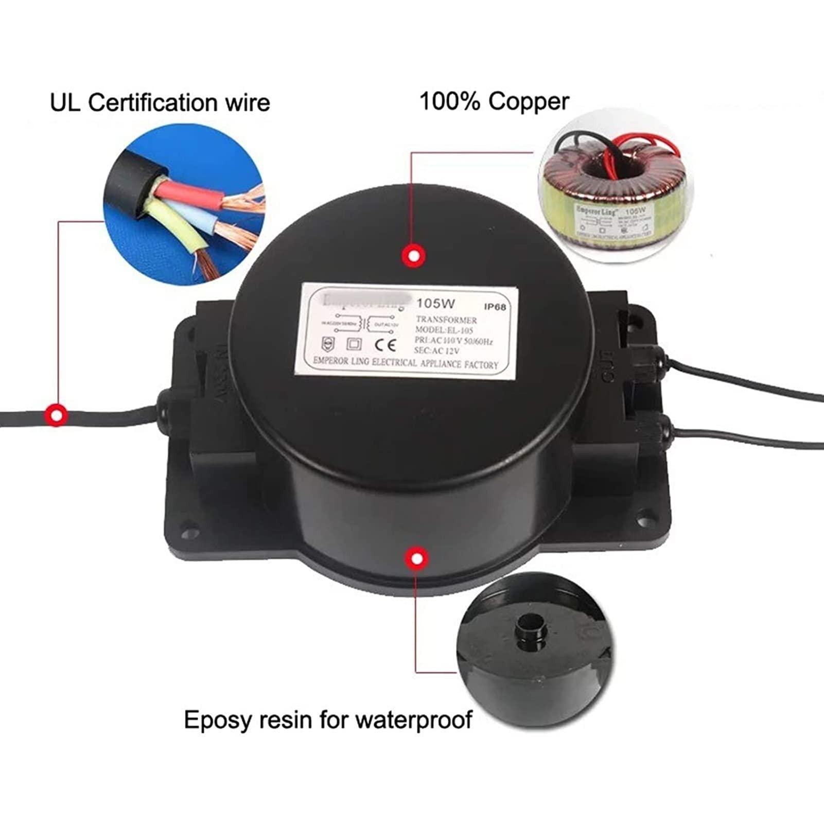 Transformador Convertidor de Voltaje 220V A AC 12V/24V, IP68 Convertidor de Fuente de Alimentación A Prueba de Agua para Luz de Piscina, Bomba de Agua, Luz Exterior, Focos(100W,AC24V)