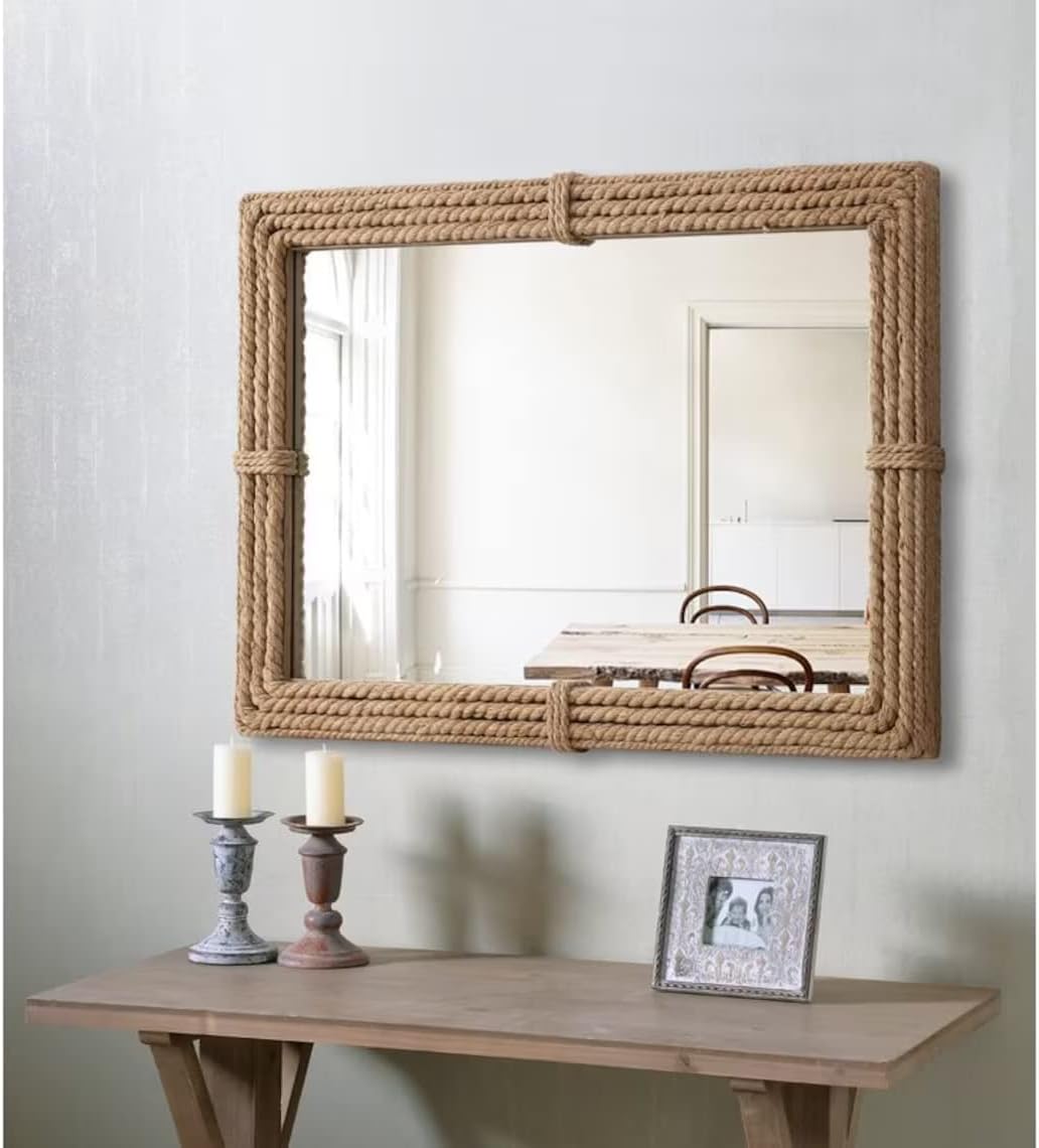 Rustic Wall Decor Jute Rope Frame Mirror - Nautical Style Hanging Mirror for Living Room, Bathroom