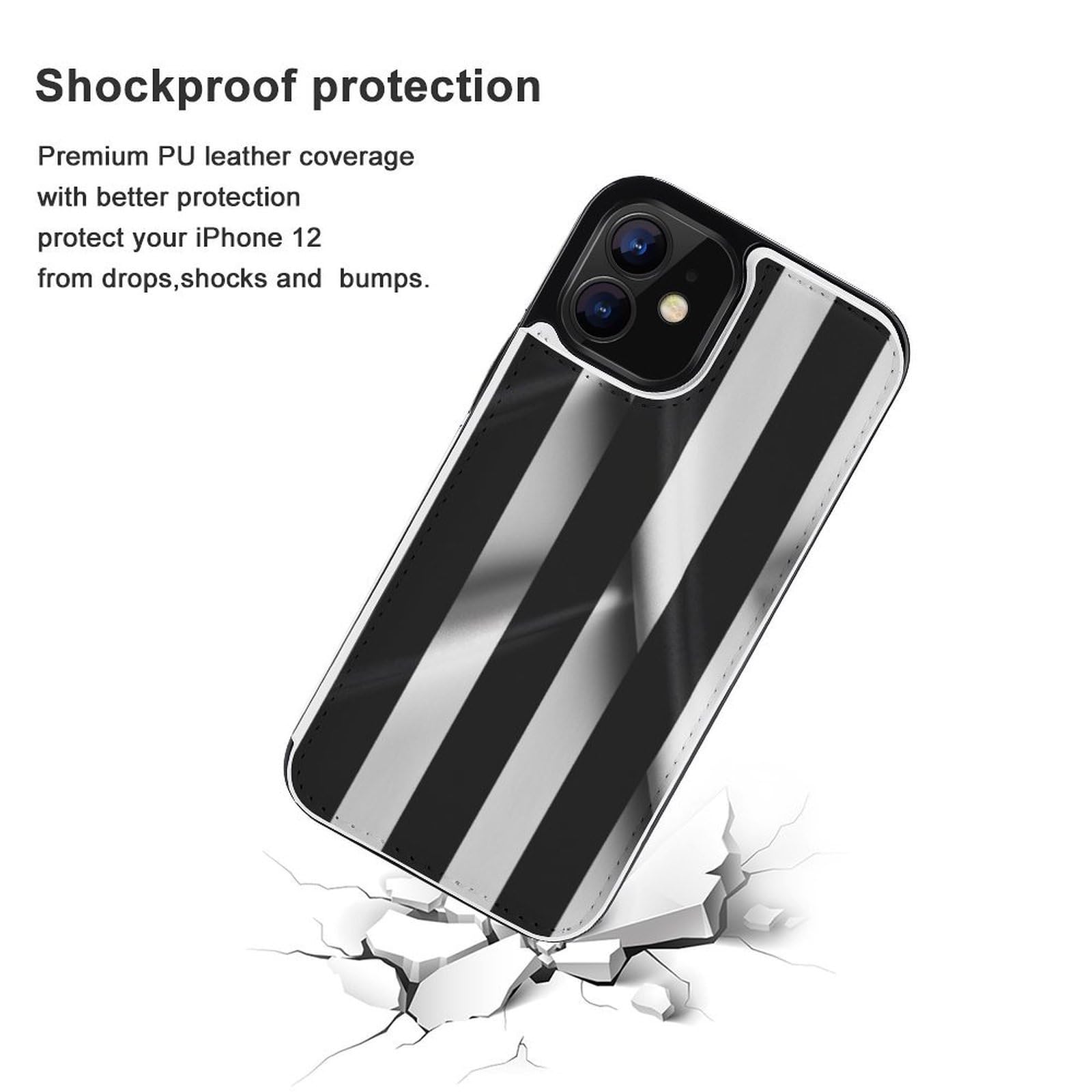 Funda tipo cartera para iPhone 12, diseño de rayas blancas y negras, funda de piel con ranuras para tarjetas