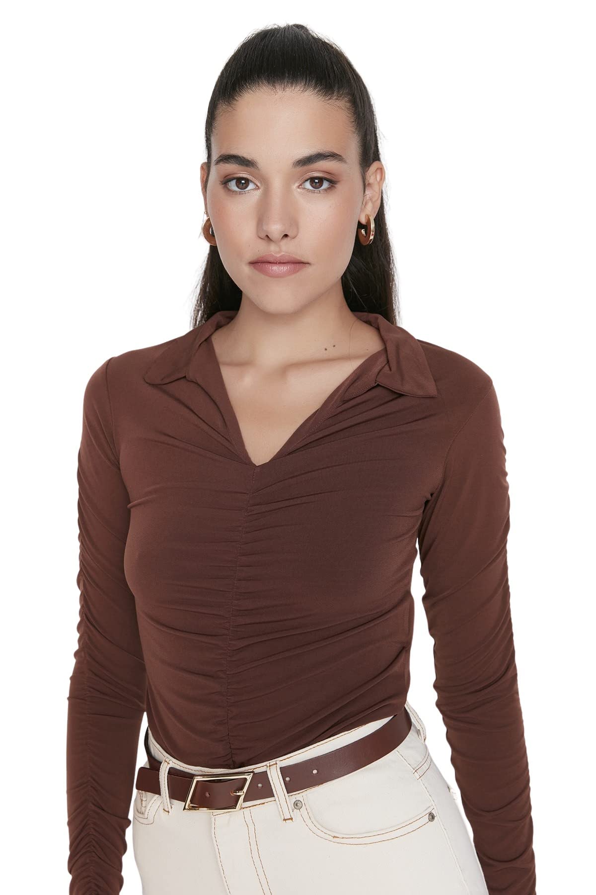 Trendyol Women Fitted Bodycon Polo Neck Knit Blouse Brown