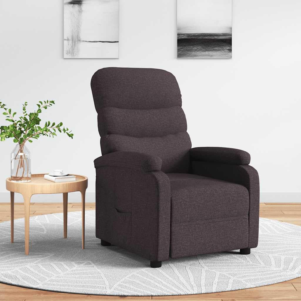 Fotel relaksacyjny, ciemnobrązowy materiał z regulowaną funkcją leżenia, ergonomiczna tapicerka, rama drewniano-metalowa, wygodny mebel do siedzenia do salonu, biura, kącika do czytania i