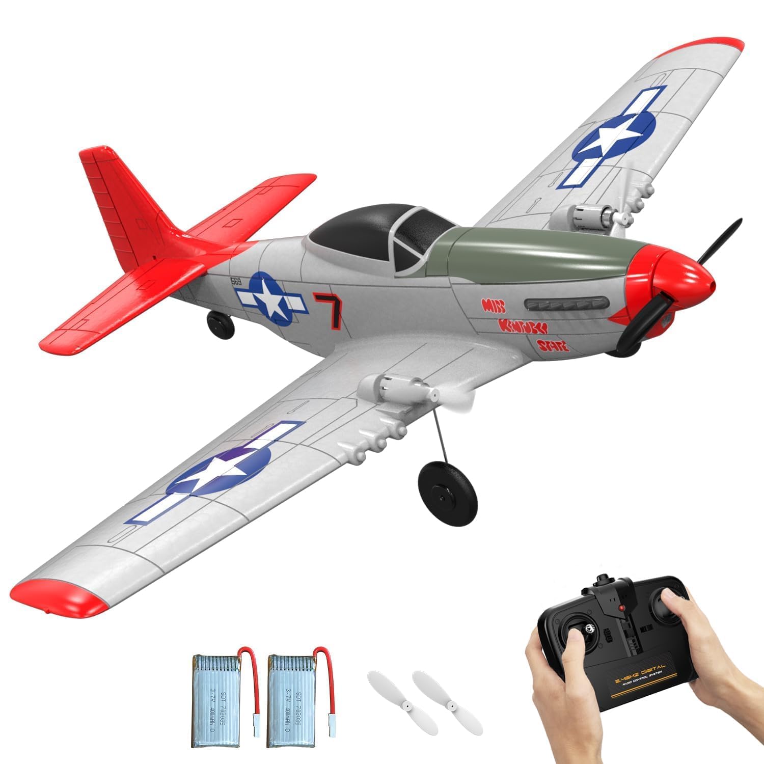VOLANTEXRC RC Aircraft Ready to Fly for Beginners 2.4Ghz 2CH RC Plane P51 Mustang Toy Gift for Adults with Gyro Stabilization System&2 Batteries (762-3)