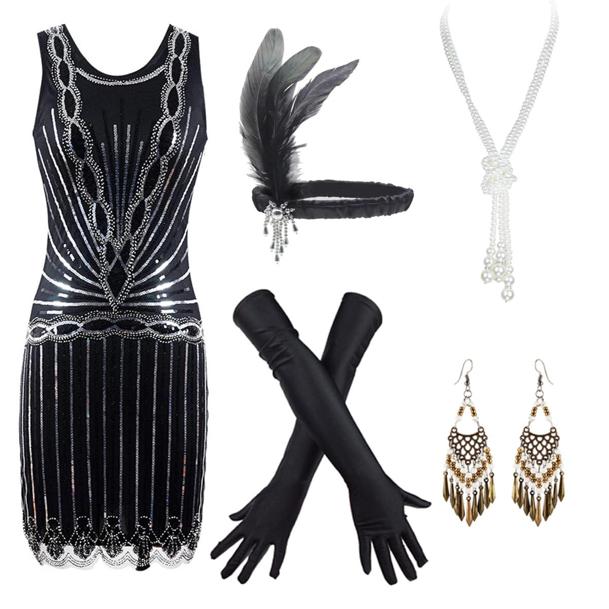 Women's Flapper Dresses 1920s Beaded Fringed Great Gatsby Dress Accessories Set