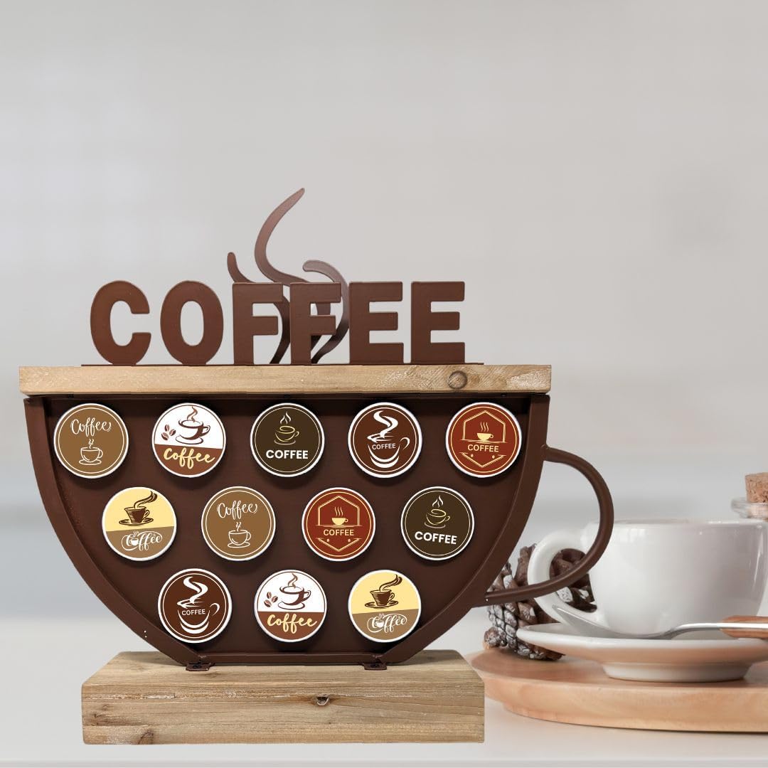 Brown Metal & Wood Coffee Pod Holder Compatible with K-Cups, Space-Saving Coffee Pod Storage, Cafe Station Countertop Storage, Great Gift for Coffee Lovers
