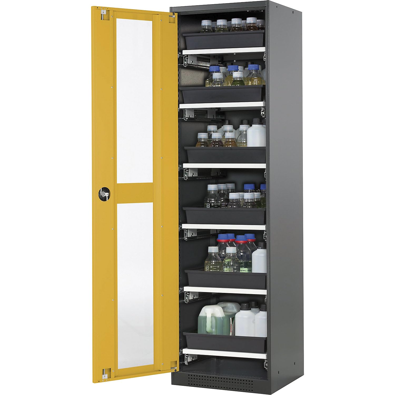 asecos | Armoire de Laboratoire pour Produits Chimiques | 1 Porte | Armoire Haute | 6 tablettes coulissantes | avec vitre | Jaune
