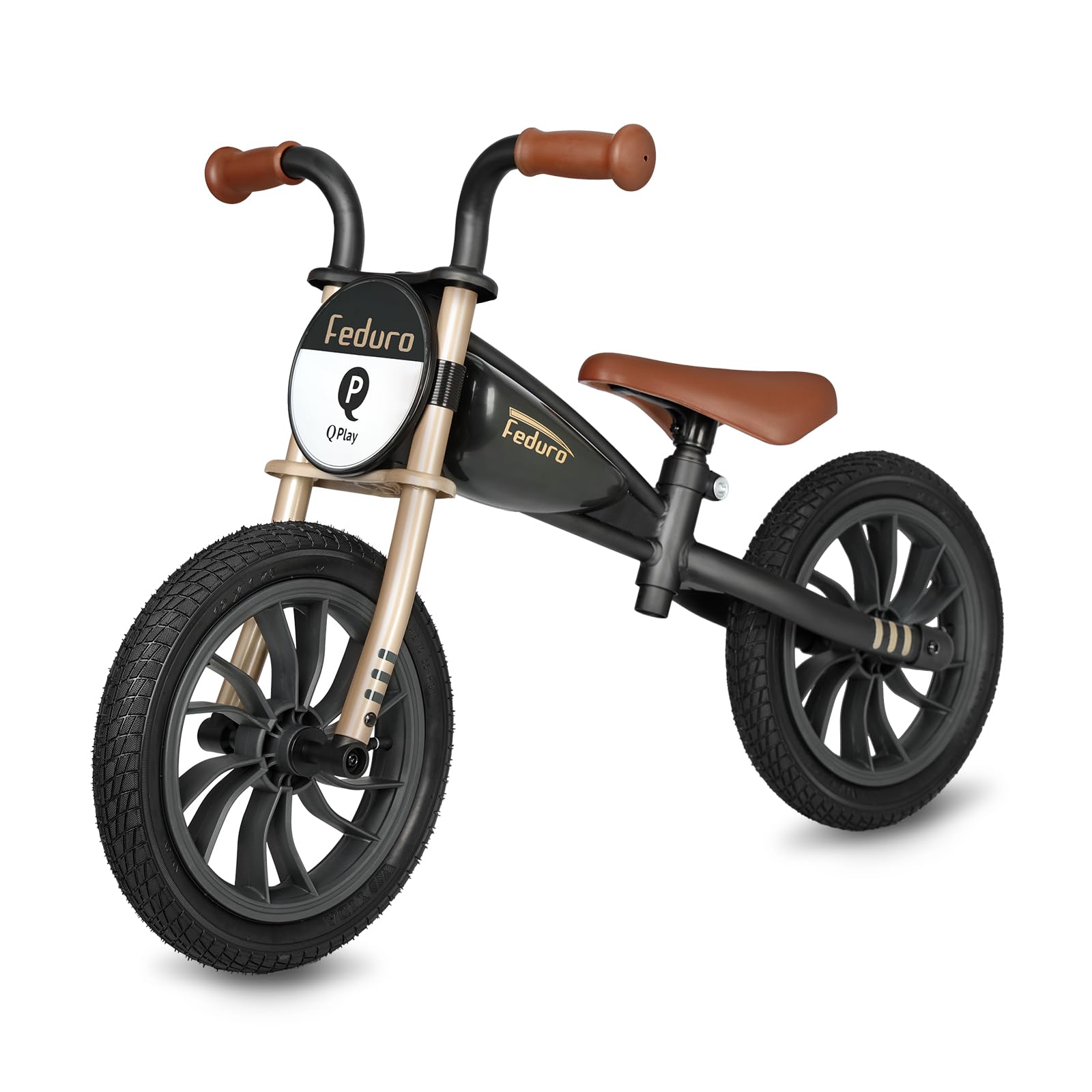 QPLAY Balance Bike Feduro Bicicletta senza pedali per bambini da 3 a 6 anni, bici d'equilibrio con sella regolabile in altezza, ruote da 12 pollici a camera d'aria all terrain, fino 30 kg (Gold)
