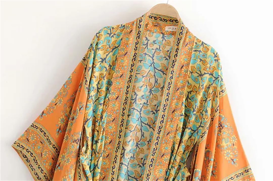 Disimlarl Kimono bohemio con estampado floral para mujer, cuello en V, mangas murciélago, maxi, bata para cubrir el bikini