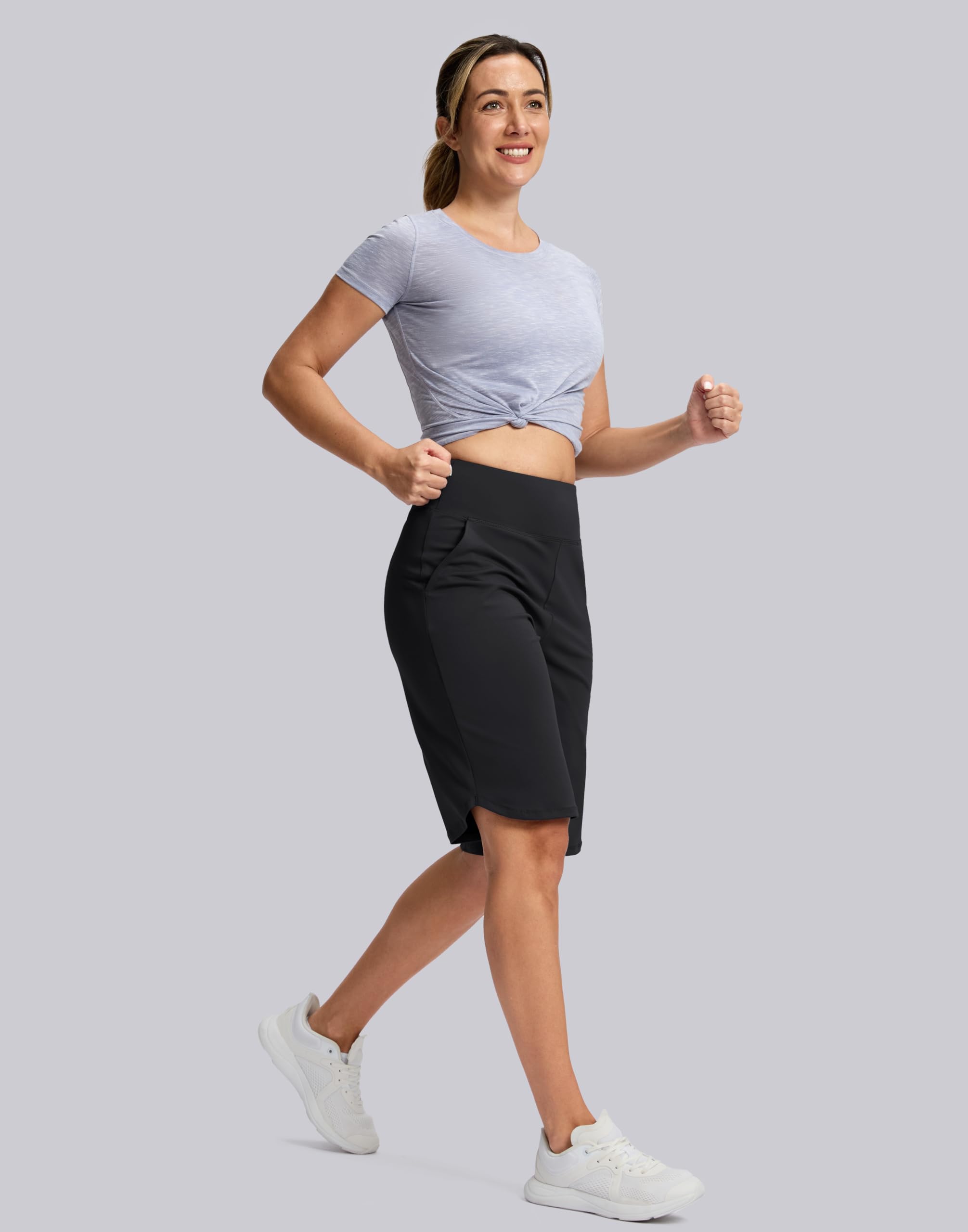 SANTINY Bermuda long de 30,5 cm de long pour femme, longueur genou avec poches, short extensible taille haute pour la marche d'été, noir, Taille XL
