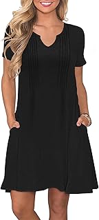 PLOKNRD Women's Summer Dress 2025 Elegant Pleated Casual Dress Notched V-Neck T-Shirt Dress Knee-Length with Pockets