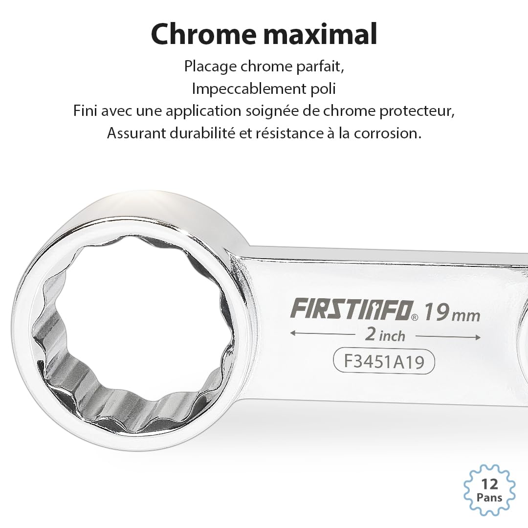 FIRSTINFO Jeu d'Adaptateurs de Couple 3/8 Pouce, 10 Pièces Métriques 10-19 mm, Clés à Œil 12 Pans en Acier Chrome-Vanadium avec Coffret EVA F3451A