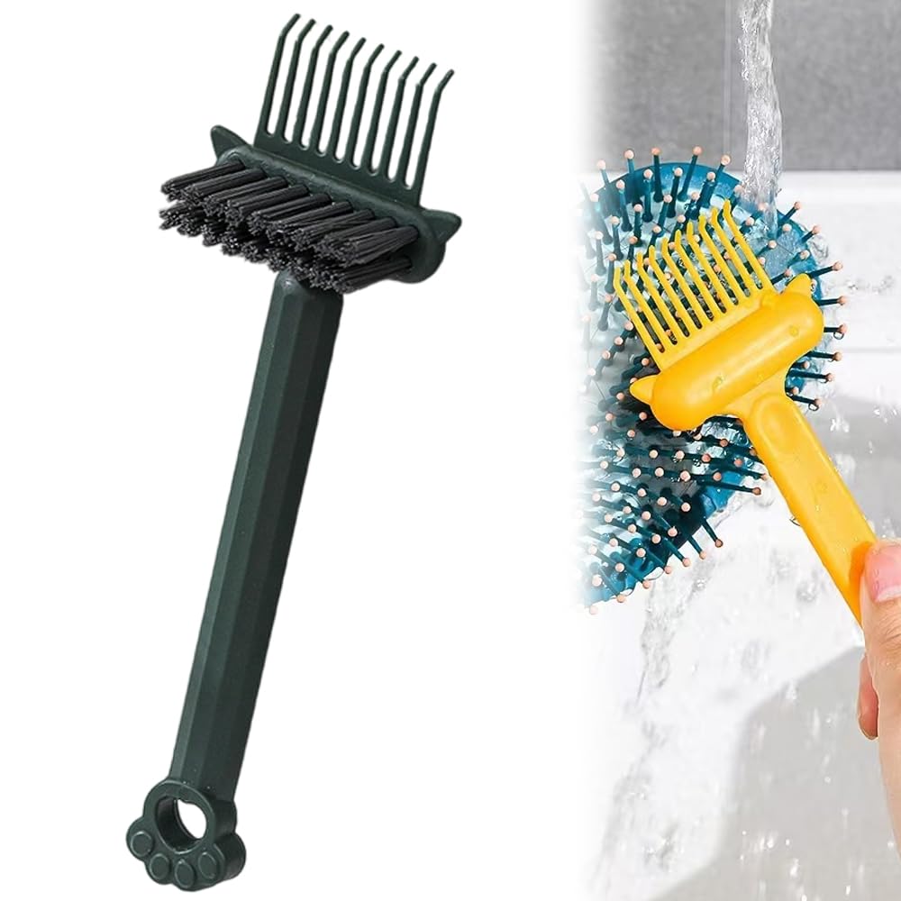 2-in-1 Hair Brush Cleaner Tool, Effortlessly Removes Hair &amp; Dust from Combs, Mini Cleaning Rake with Pick &amp; Bristles for Home and Salon Use (Green)