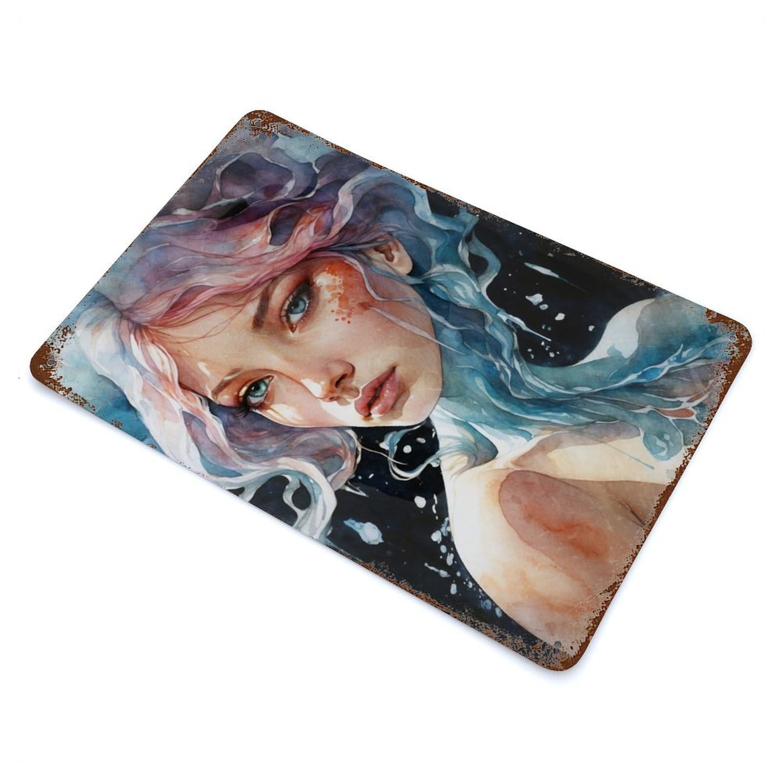 Mermaid In Watercolor Rusty Metal Tin Sign 11.8"x7.9", for Shed, Workshop And Garage Wall Decor, Shabby Chic Decor