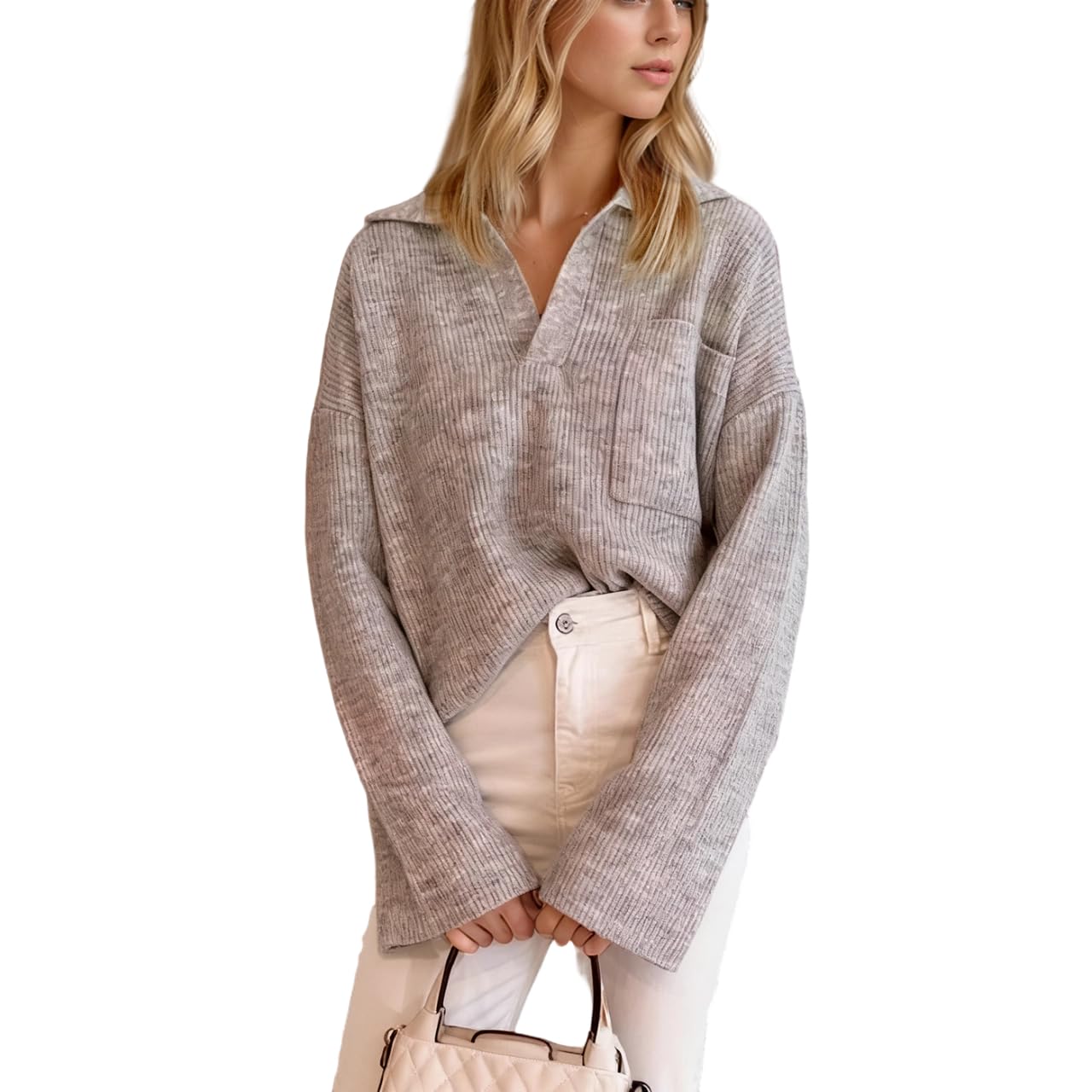 Womens V Neck Sweater Ribbed Knit Top Long Sleeve with Side Pocket Casual Lounge Pullover