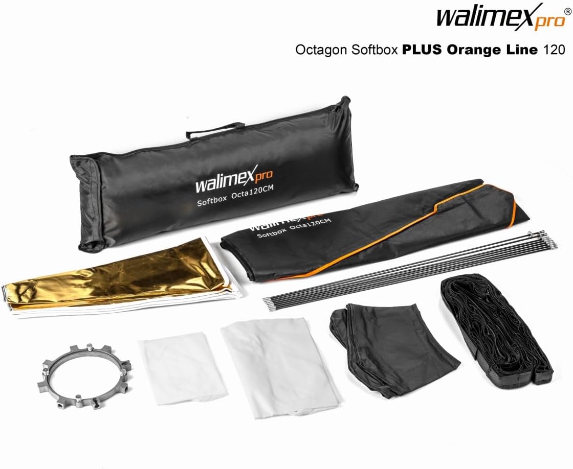 Components of the Walimex Pro Octagon Softbox Plus Orange Line 120cm, including the softbox fabric, rods, diffusers, grid, and transport bag.