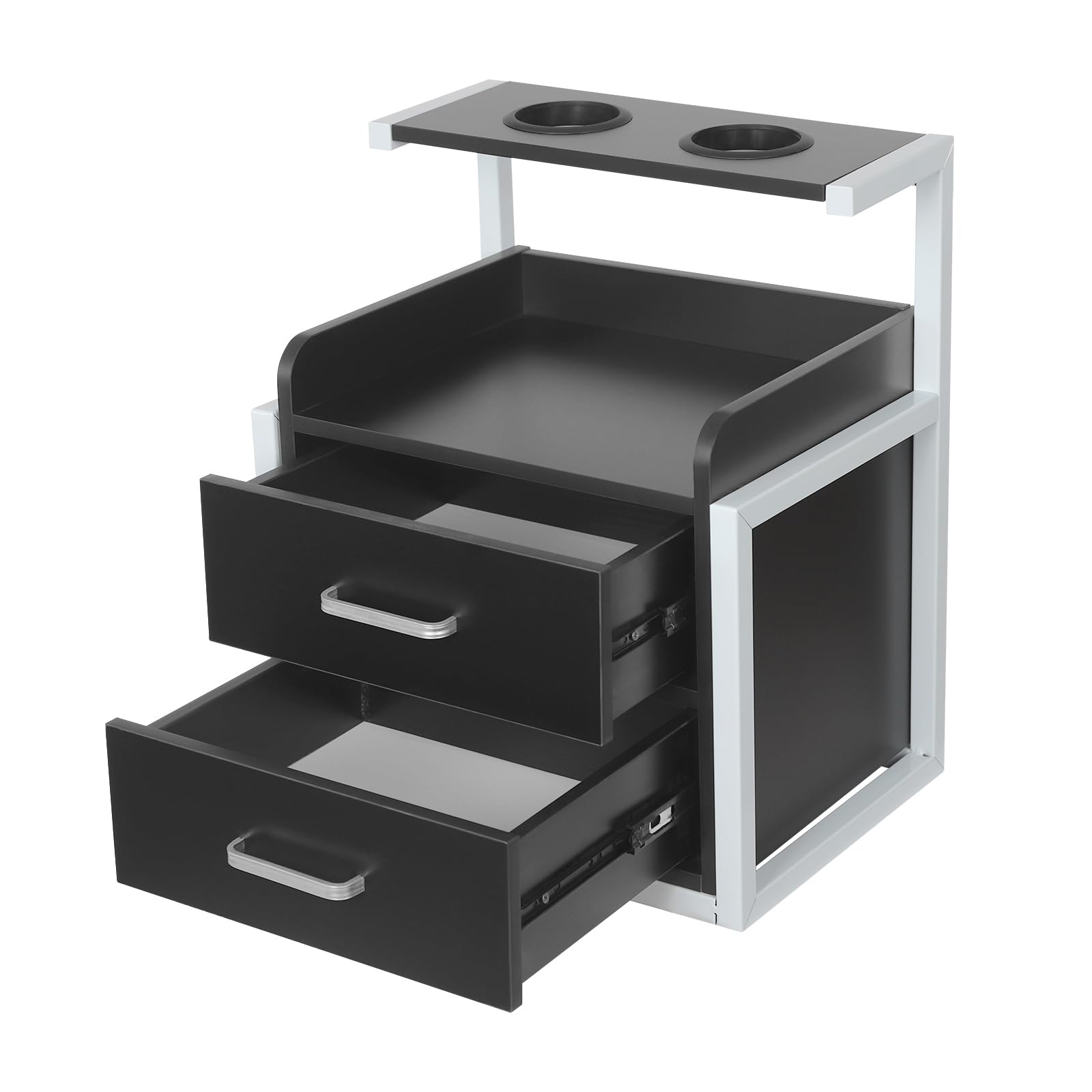 Wall Mounted Salon Wall Cabinet Salon Cabinet with 2 Drawers Wall Mount Salon Station with Hair Dryer Holder Load Capacity 110.23lbs Hair Salon Station Cabinet for Salons Bathroom (Black+ Silver)