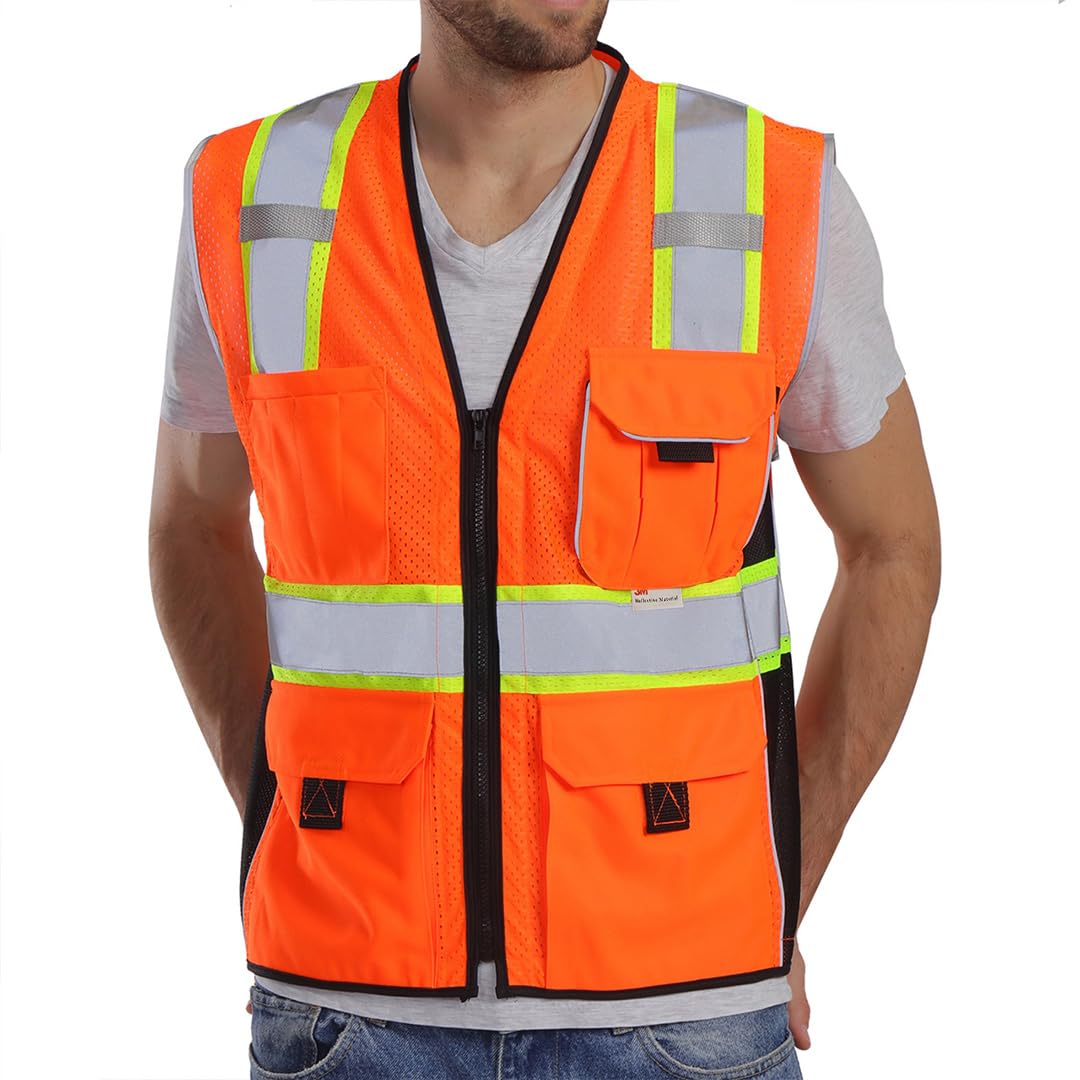 Dib Safety Reflective Vest Orange Mesh, High Visibility Vest with Pockets and Zipper, ANSI Class 2 Heavy Duty, Made with 3M Reflective Tape, 4XL