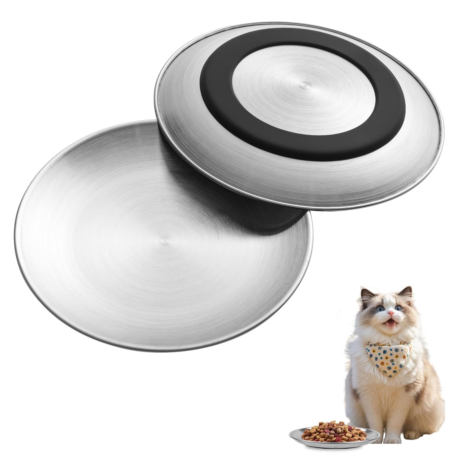 Stainless Steel Cat Bowl 2 Pack, 6.7" Whisker Fatigue Cat Dishes, Non-Slip Base, Stainless Steel Cat Food Bowls for Wet & Dry Food