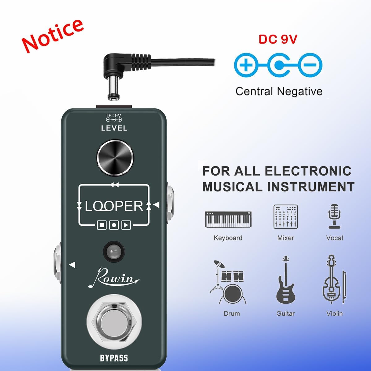 Diagram showing the Rowin Looper Pedal with a DC 9V center-negative power adapter connected.