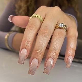 Nude Nails Tips Long Square False Nails Marble Nails Press on Nails Full Cover Gradient Fake Nails for Women and Girls 24PCS