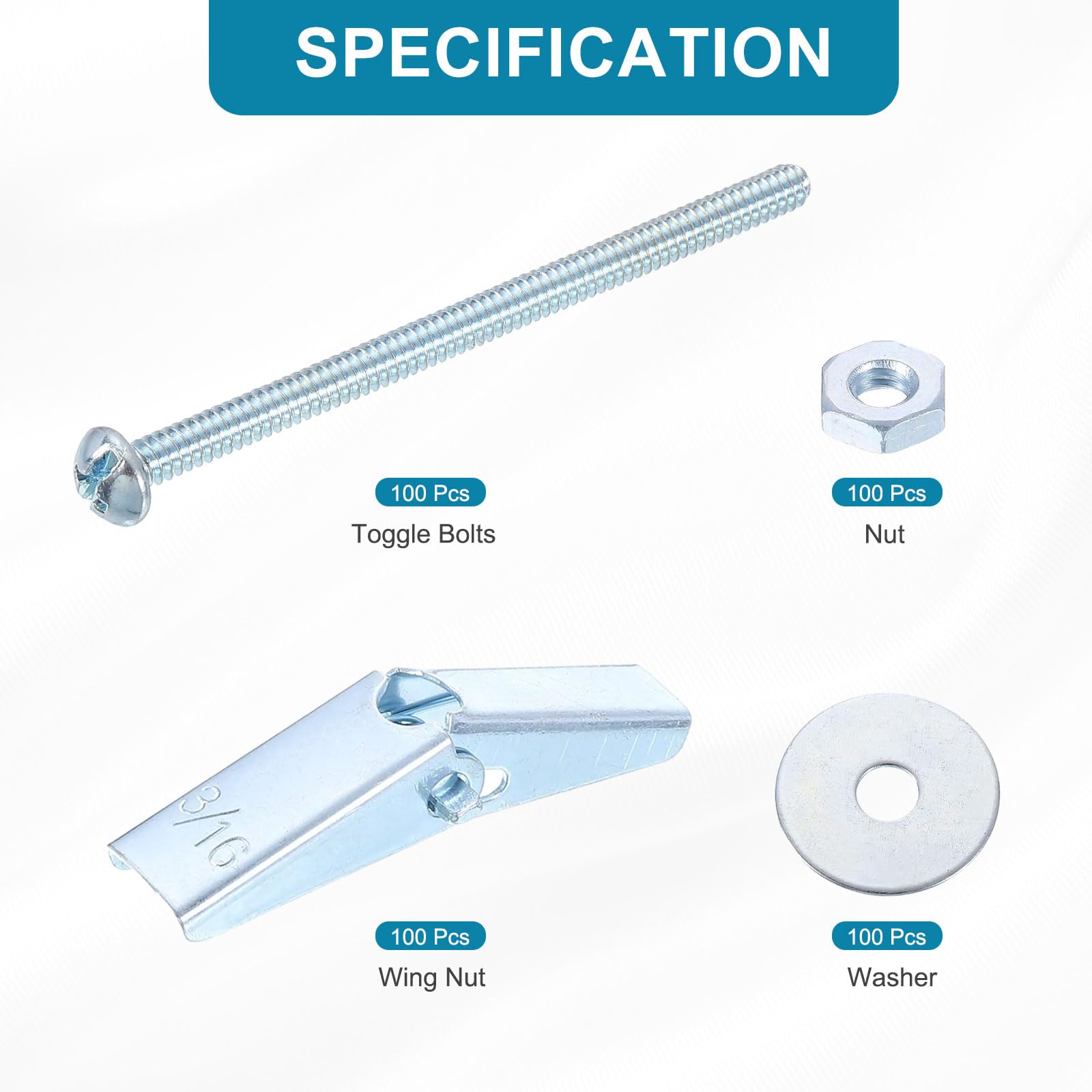 uxcell Kit assortito di dadi ad alette con bulloni, 100 set di tasselli a farfalla da 3/16 x 3 pollici con dadi ad aletta, dadi esagonali, rondelle, tasselli cavi per cartongesso