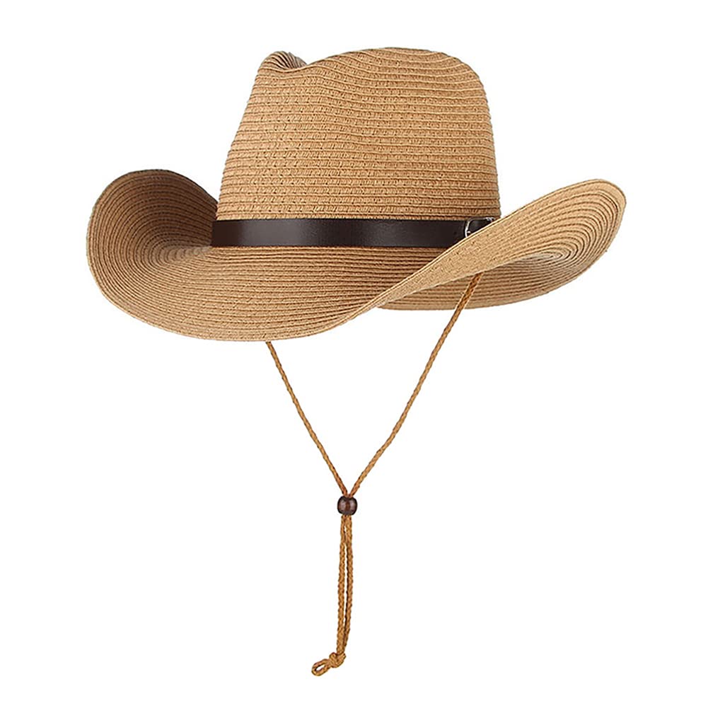 Natural Straw Cowboy Hat, Western Cowboy Cowgirl Floppy Sun Hats with Wide Brim, Vintage Style Unisex Fedora Panama Hat Beach Cap for Men Women (Khaki)