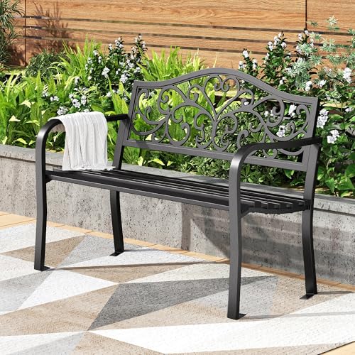 PHI VILLA 111 cm Gartenbank Floralem Metall Rückenlehne aus Gusseisen Stahlrahmen 2-3 Sitzer Bank Outdoor Wetterfest für Park Vorgarten und Terrasse Schwarz