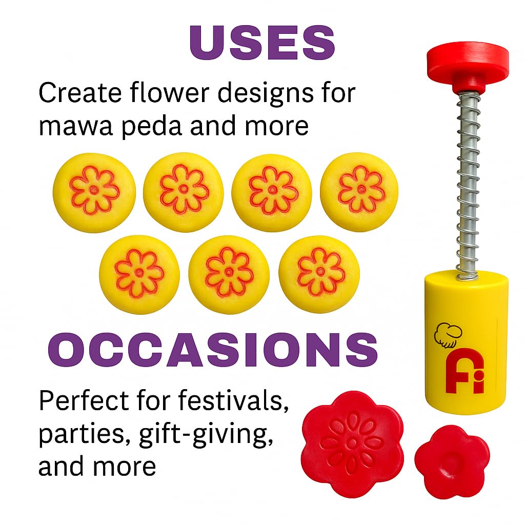 APOLLINE INDIA® Flower Cutting Shape Peda Press Maker – 5 In1 Design Molds | Cookie & Sweet Stamping Press Tool | Kitchen Accessories, 1.5 Inch, Yellow (Pack of 1) 2