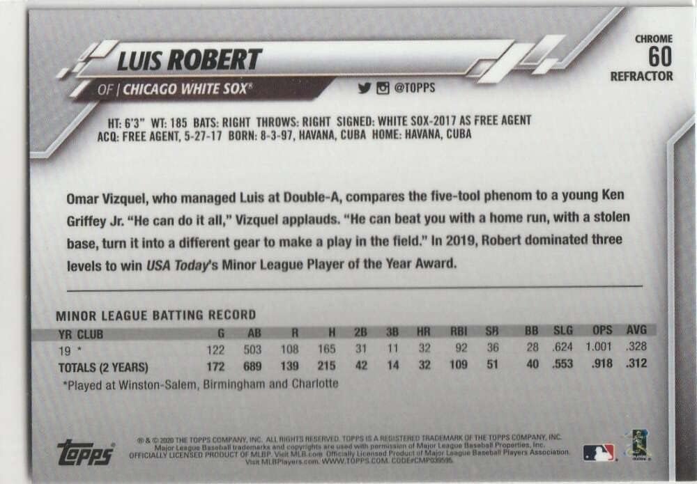 Baseball MLB 2020 Topps Chrome Refractors #60 Luis Robert PSA 10 GEM MINT RC Rookie White Sox