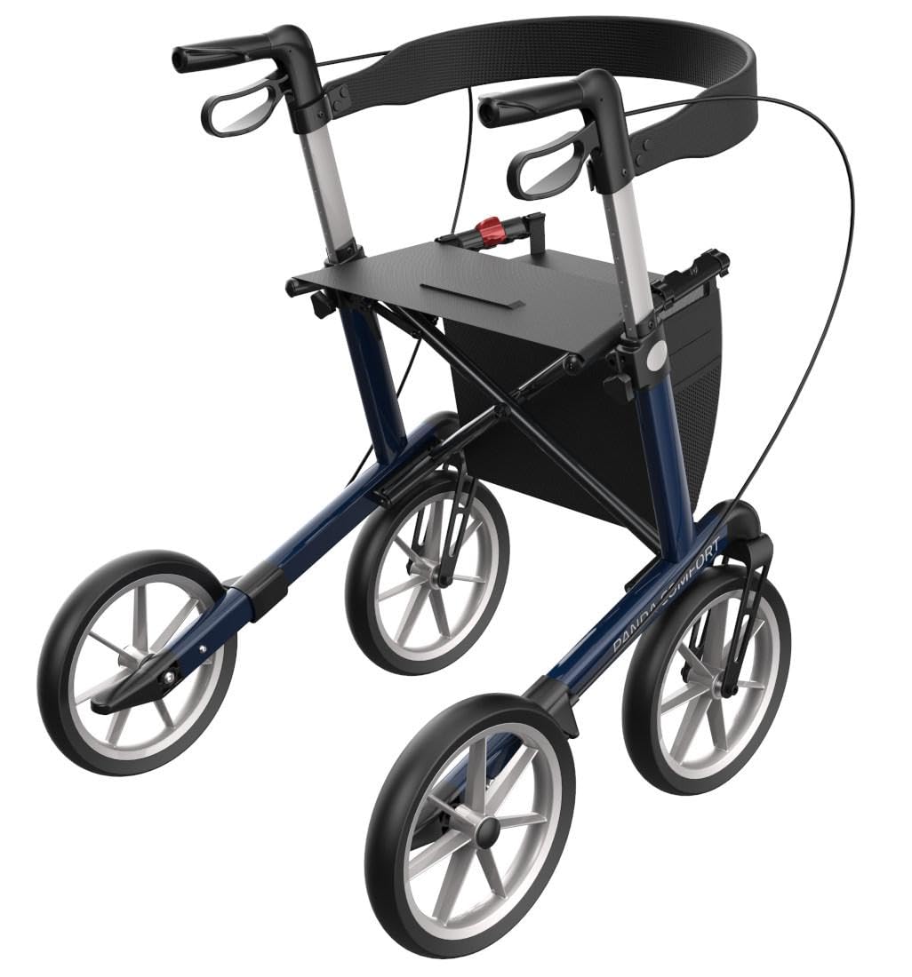 FabaCare Outdoor-Rollator mit Vollausstattung und Feststellbremse, Leichtgewichtrollator Panda Comfort mit Softrädern, Indoor-Rollator, faltbar, abnehmbare Tasche, Rückengurt, Stockhalter, Farbe blau
