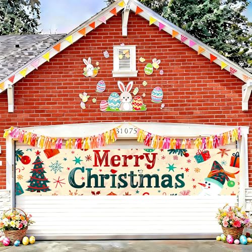 Image of Christmas Tree and Snowman Banner 78.7 x 17.7 Inch Colorful Tree Gift and Snowman Pattern Holiday Decoration for Yard Garden Fence Porch Patio or Winter Celebration Display