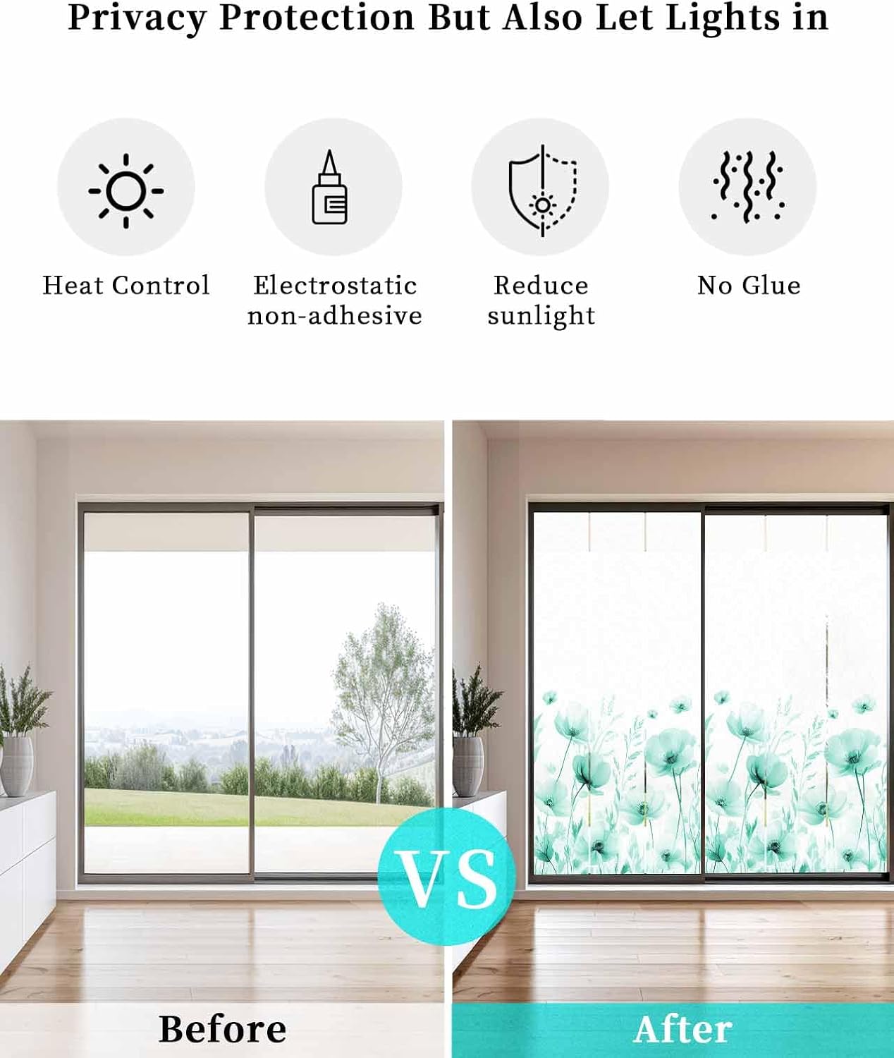 Blue Aqua Green Floral Window Privacy Film,Botanical Flower Plant Herb Watercolor Frosted Glass Static Cling,UV Sun Blocking Heat Control Window Tint,Bathroom Office Decorative Cover 35.4x78.7In