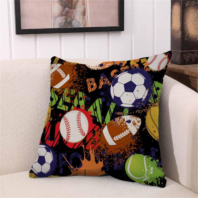 Image of Throw Pillow Covers Sport Pattern with Balls Grunge Design Black Game Pillow Case 18x18 Inch Cushion Cover for Home Party