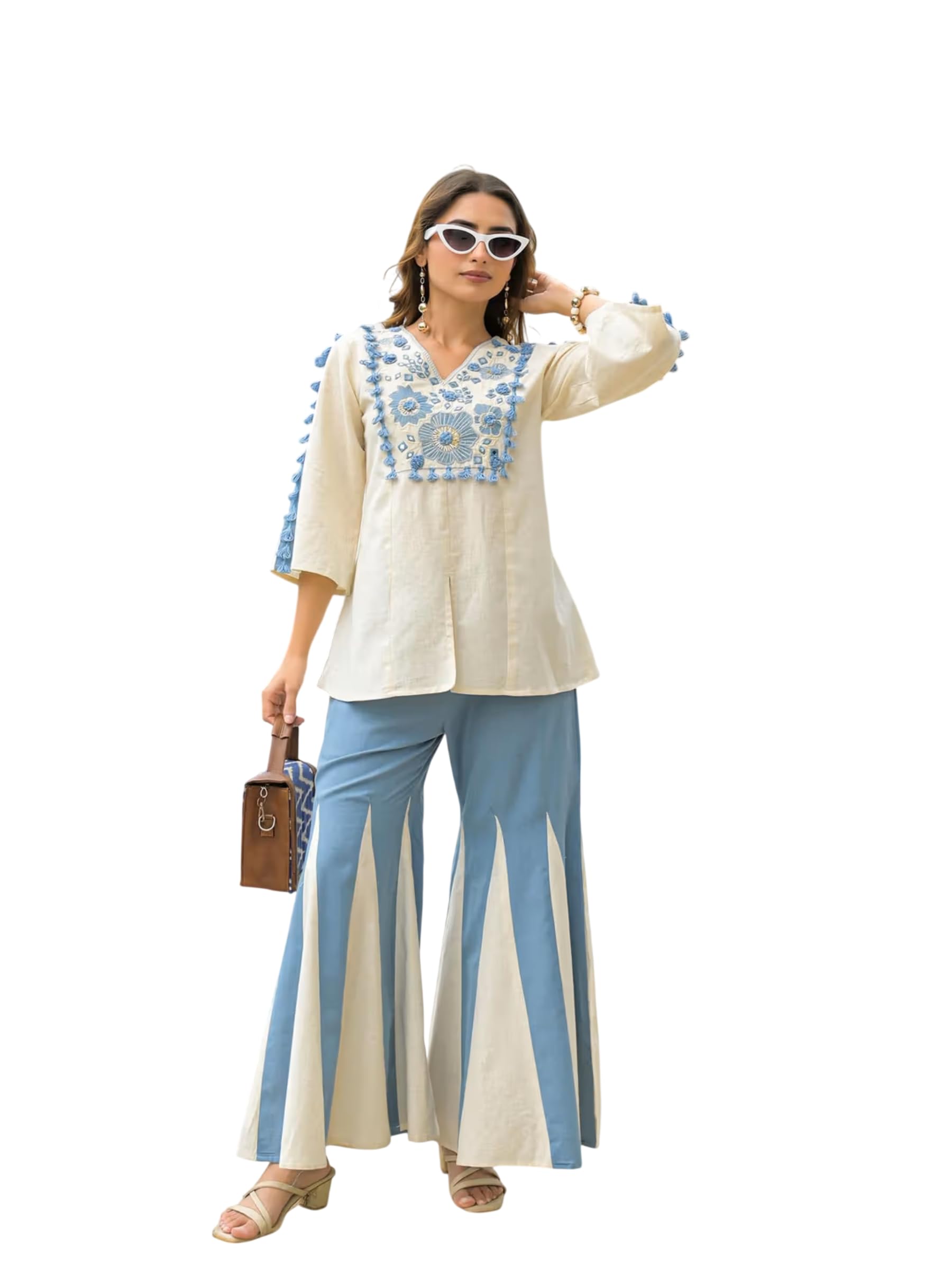 Women’s Rayon Slub Embroidered Short Kurti with Flared Palazzo Set | V-Neck, 3/4 Sleeves, Designer Ethnic Co-Ord Set,Salwar Suit-image-48